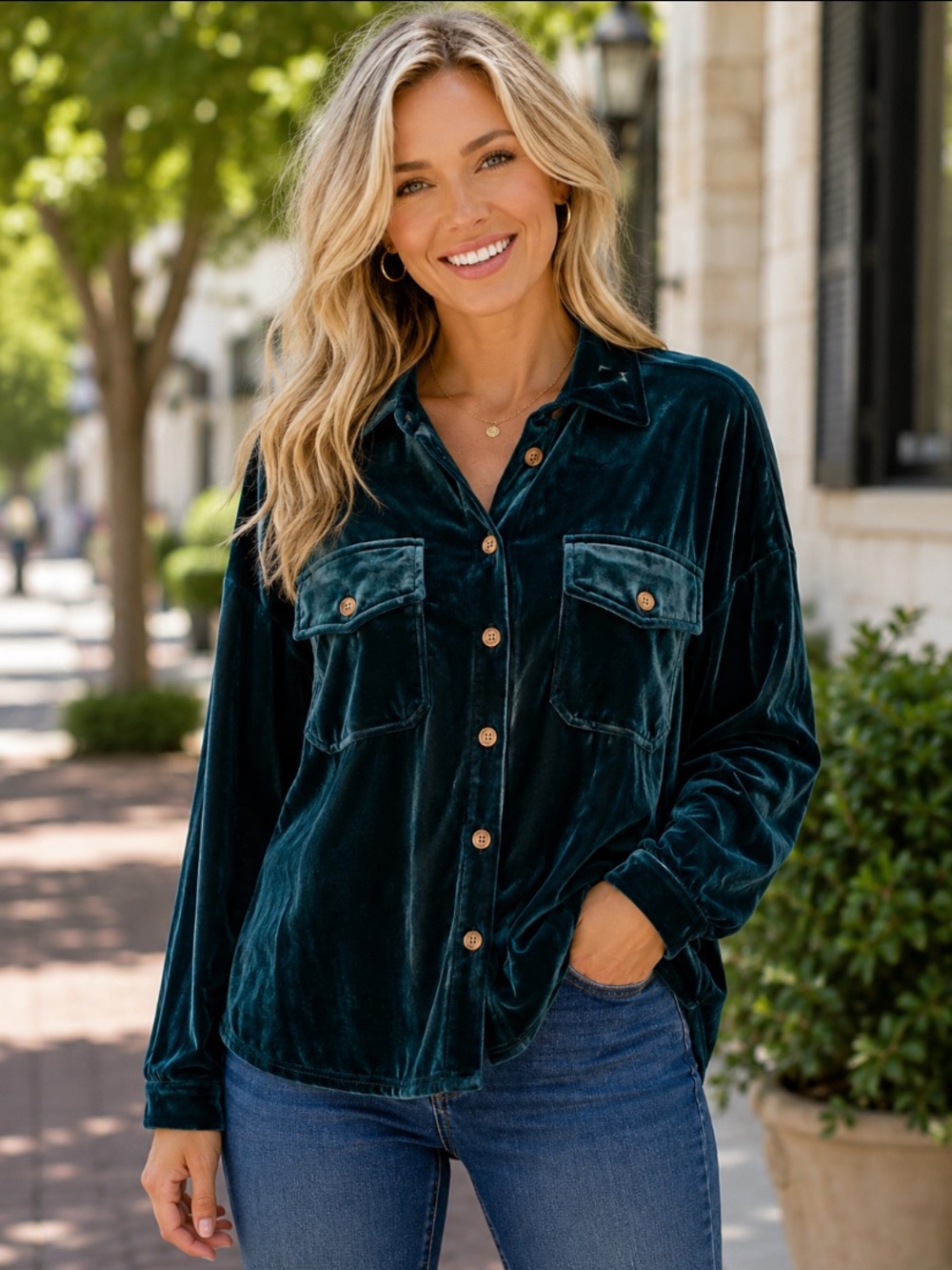 JODIFL teal green soft Velvet Button-Down Shirt